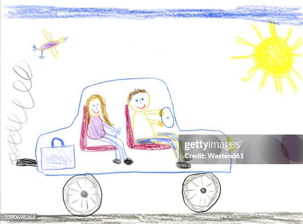 children's drawing, father and daughter in car - car stock illustrations