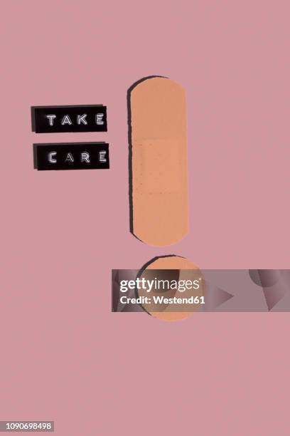 take care warning made with band aid exclamation mark, 3d rendering - help sign stock illustrations