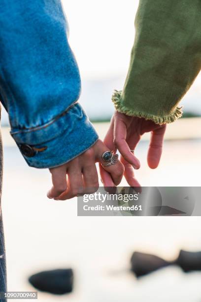 finland, lapland, close-up of two young women hand in hand at the lakeside - holding hands close up foto e immagini stock