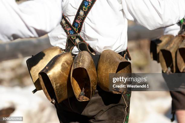 germany, bavaria, mittenwald, traditional carnival procession, bell stirrer, bells - karneval feier stock-fotos und bilder