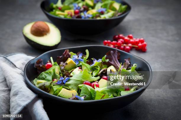 bowl of mixed salad with avocado, red currants and borage blossoms - salad bowl stock pictures, royalty-free photos & images