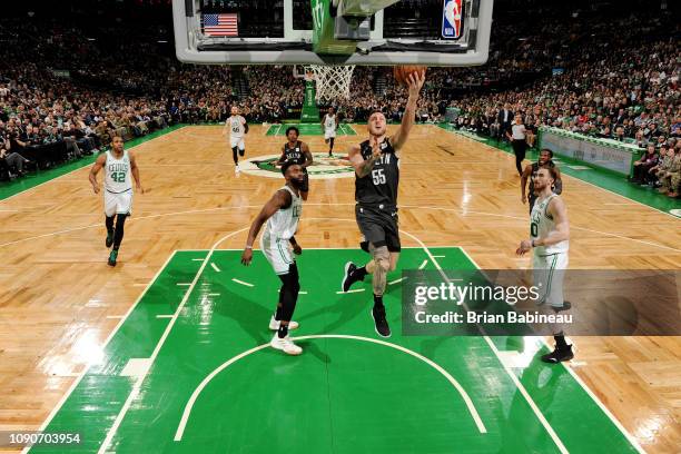 Mitchell Creek of the Brooklyn Nets shoots the ball against the Boston Celtics on January 28, 2019 at the TD Garden in Boston, Massachusetts. NOTE TO...