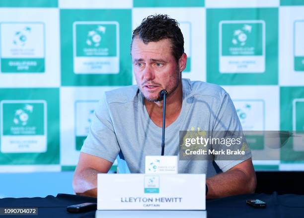 Australian captain Lleyton Hewitt speaks to media during the press conference after a practice session ahead of the Davis Cup Qualifier between...