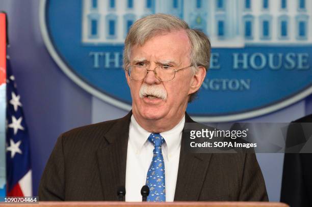 John Bolton, National Security Advisor of the United States, in the White House Press Briefing room at the White House in Washington, DC.