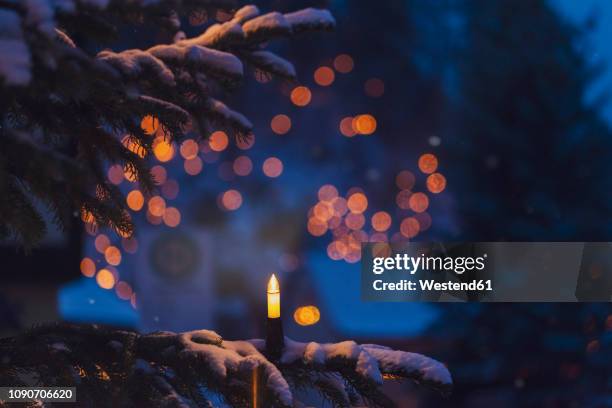 lighted electric candle on snow-covered fir branch - vela equipo de iluminación fotografías e imágenes de stock