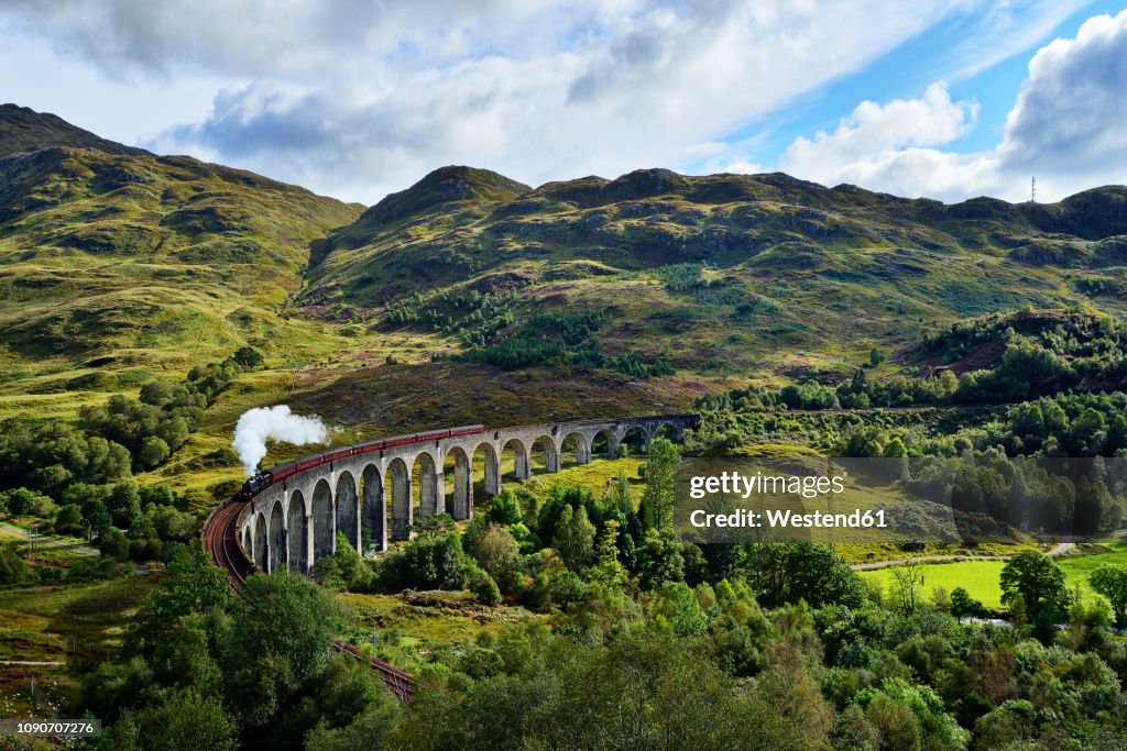 UK, Scotland, Highlands, Glenfinnan viaduct with a steam train passing over it