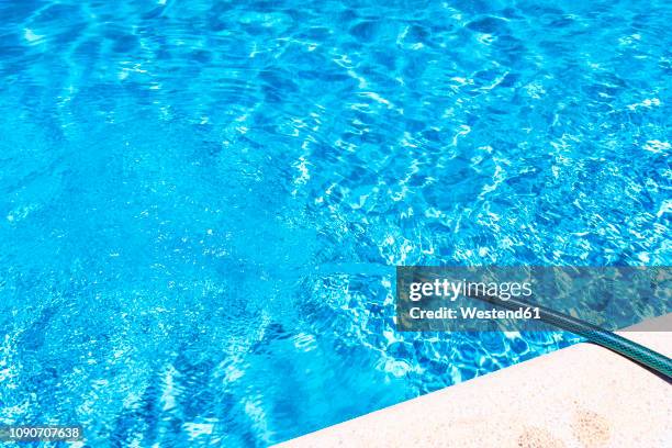 swimming pool being filled by hose - filling stockfoto's en -beelden