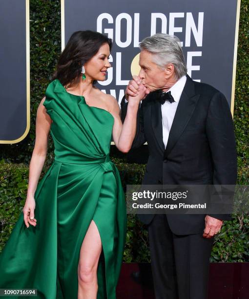 Catherine Zeta-Jones and Michael Douglas attend the 76th Annual Golden Globe Awards held at The Beverly Hilton Hotel on January 06, 2019 in Beverly...
