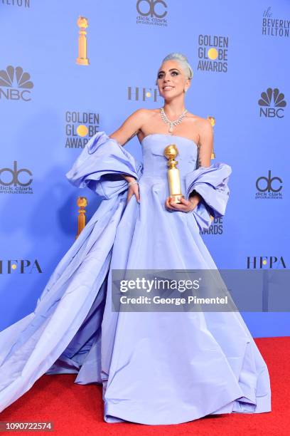 Winner for Best Original Song - Motion Picture for ‘Shallow - A Star is Born’ Lady Gaga poses with the trophy in the press room during the 76th...