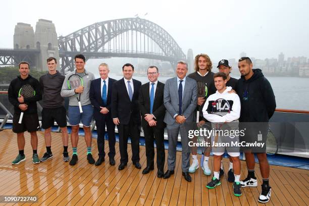 Bruno Soares, Daniil Medvedev, Milos Raonic, Tennis Australia CEO Craig Tiley, Minister for Sport Stuart Ayres, NSW Minister for Tourism and Major...