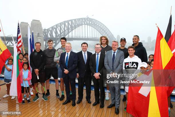 Bruno Soares, Daniil Medvedev, Milos Raonic, Tennis Australia CEO Craig Tiley, Minister for Sport Stuart Ayres, NSW Minister for Tourism and Major...