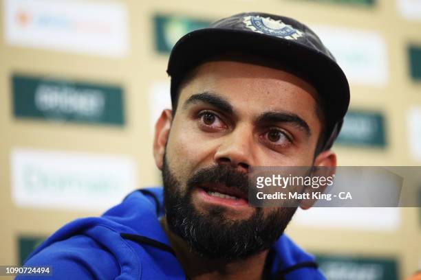 Indian captain Virat Kohli and Indian coach Ravi Shastri speak to the media during day five of the Fourth Test match in the series between Australia...