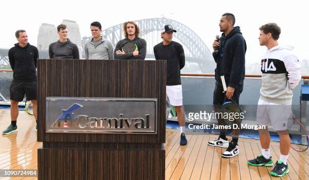 Tennis players Bruno Soares, Jamie Murray, Milos Raonic, Stefanos Tsitsipas, Lucas Pouille, Nick Kyrgios and Diego Schwartzman during the Fast4...