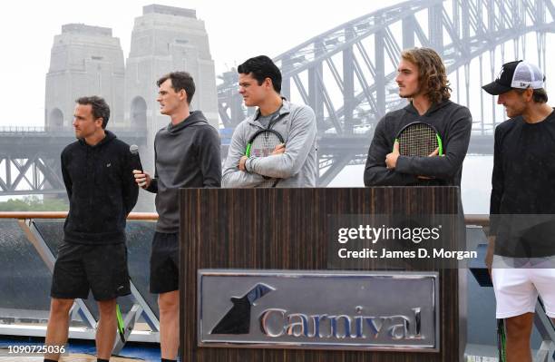 Tennis players Bruno Soares, Jamie Murray, Milos Raonic, Stefanos Tsitsipas and Lucas Pouille during the Fast4 Tennis Launch onboard Carnival Spirit...