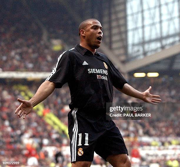 Real Madrid's Ronaldo celebrates after scoring against Manchester United during their UEFA Champions League quarter final 2nd leg at Old Trafford in...