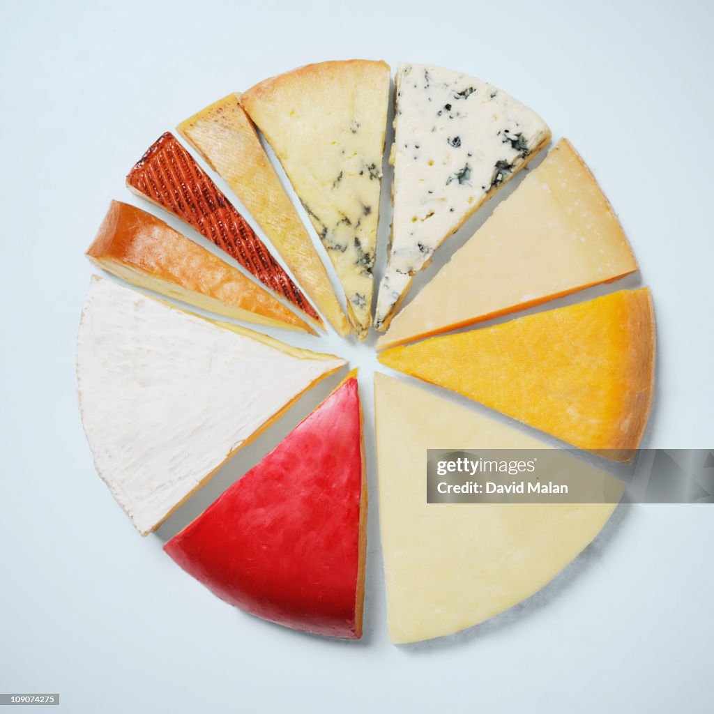 Various pieces of cheese resembling a pie chat