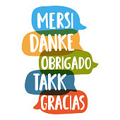 Mersi, danke, obrigado, takk, gracias. Social network or bilingual translation concept. Vector hand drawn, lettering illustration on white background.