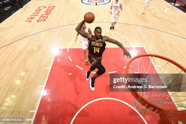 Dewayne Dedmon of the Atlanta Hawks dunks the ball against the LA Clippers on January 28, 2019 at STAPLES Center in Los Angeles, California. NOTE TO...