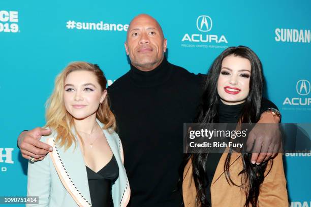 Florence Pugh, Dwayne Johnson, and Paige attend the surprise screening of "Fighting With My Family" during the 2019 Sundance Film Festival at The Ray...