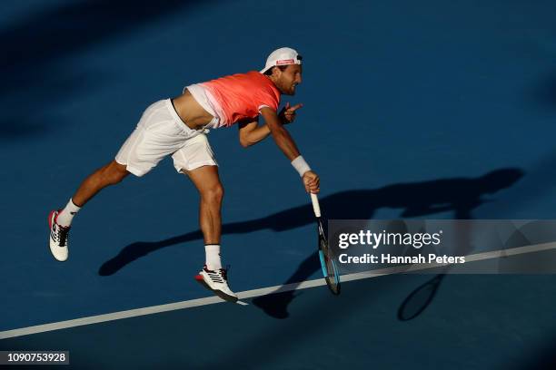 Joao Sousa of Portugal serves during the first round match against Denis Shapovalov of Canada during the ASB Classic at the ASB Tennis Centre on...