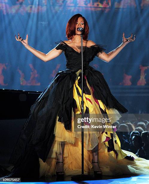 Singer Rihanna performs onstage during the 53rd Annual GRAMMY Awards held at Staples Center on February 13, 2011 in Los Angeles, California.