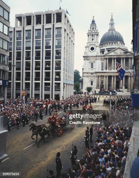 Princess Alexandra and Angus Ogilvy leave St Paul's Cathedral in London by coach, after the wedding of Charles, Prince of Wales, and Lady Diana...