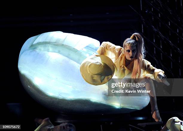 Singer Lady Gaga performs onstage during the 53rd Annual GRAMMY Awards held at Staples Center on February 13, 2011 in Los Angeles, California.