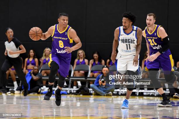 Scott Machado of the South Bay Lakers handles the basketball against the Lakeland Magic on January 28, 2019 at UCLA Heath Training Center in El...