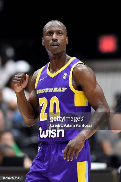 Andre Ingram of the South Bay Lakers reacts during a game against the Lakeland Magic on January 28, 2019 at UCLA Heath Training Center in El Segundo,...