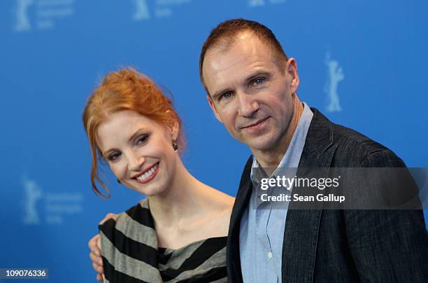 Actors Ralph Fiennes and Jessica Chastain attend the 'Coriolanus' Photocall during day five of the 61st Berlin International Film Festival at the...