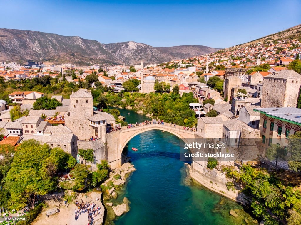 Aerial view of Mostar Bridge