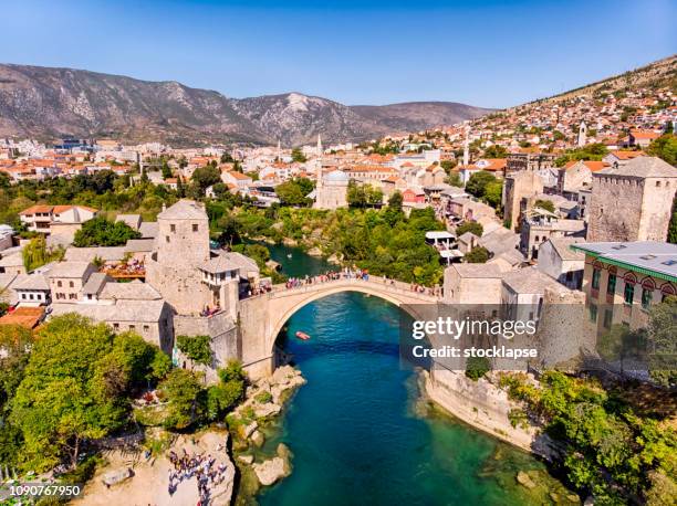 aerial view of mostar bridge - bosnia and hercegovina stock pictures, royalty-free photos & images