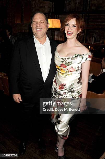 Harvey Weinstein and actress Christina Hendricks attend a pre-BAFTA dinner celebrating best film nominee The King's Speech hosted by The Weinstein...