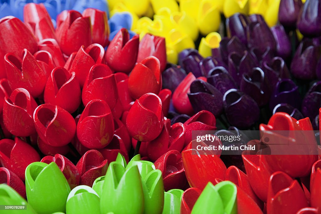 Display of wooden tulips for sale