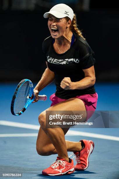 Yulia Putintseva of Kazakhstan celebrates victory in her match against Daria Gavrilova of Australia during day two of the 2019 Sydney International...