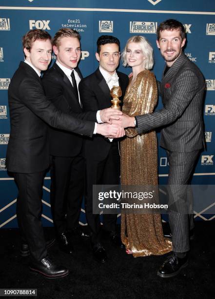 Joe Mazzello, Ben Hardy, Rami Malek, Lucy Boynton and Gwilym Lee attend the FOX, FX and Hulu 2019 Golden Globe Awards after party at The Beverly...