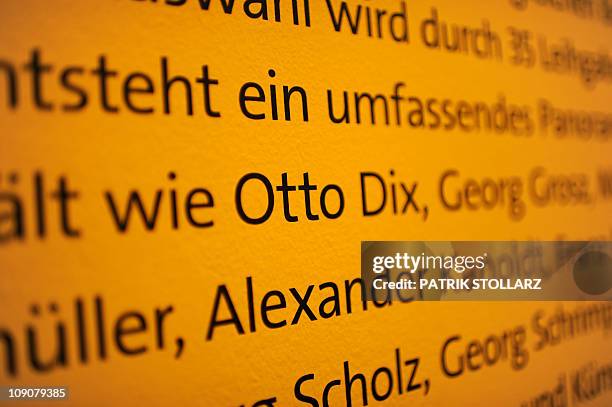 The names of German artists, among them Otto Dix and George Grosz, represented in the exhibition "Emotion is a Private Matter" can be seen at the...