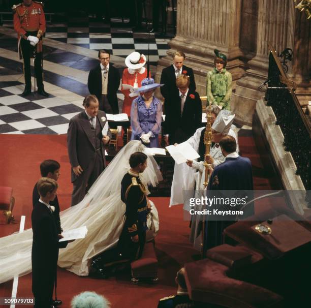 The wedding of Charles, Prince of Wales, and Lady Diana Spencer at St Paul's Cathedral in London, 29th July 1981. Prince Andrew and Prince Edward are...