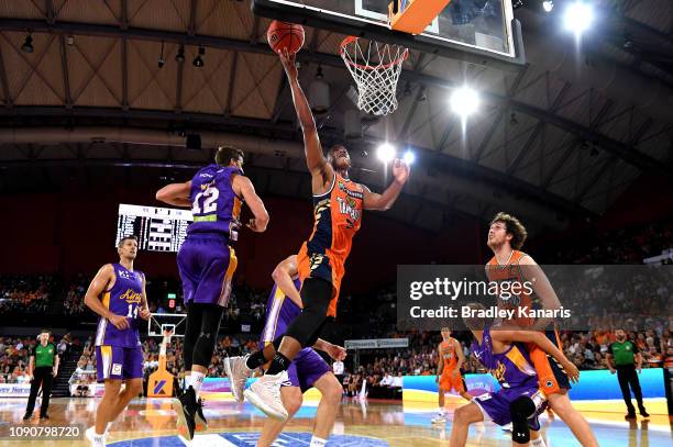Devon Hall of the Taipans drives to the basket during the round 12 NBL match between the Cairns Taipans and the Sydney Kings at Cairns Convention...