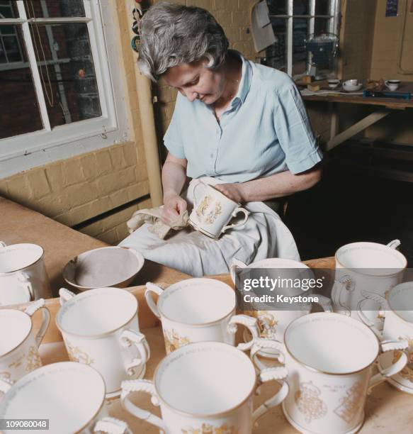 Souvenir Royal Worcester mugs to commemorate the wedding of Charles, Prince of Wales, and Lady Diana Spencer, July 1981.