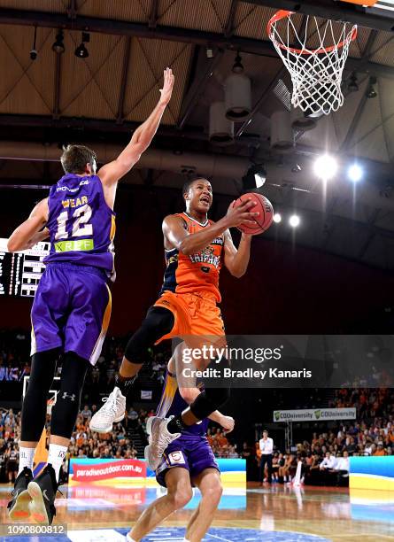 Devon Hall of the Taipans drives to the basket during the round 12 NBL match between the Cairns Taipans and the Sydney Kings at Cairns Convention...