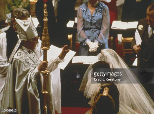 The Archibishop of Canterbury, Robert Runcie, conducting the marriage service of Prince Charles and Lady Diana Spencer at St Paul's Cathedral,...