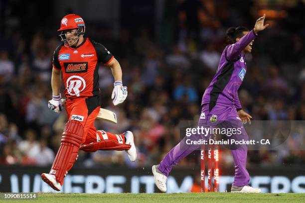 Clive Rose of the Hurricanes appeals as Aaron Finch of the Renegades is run out by Johan Botha of the Hurricanes during the Big Bash League match...