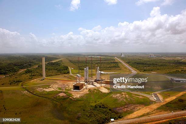 In this handout image provided by the European Space Agency , the Ariane 5 ES is transfered to the launch zone February 14, 2011 at Europe's...