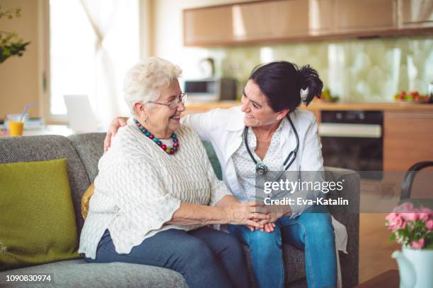 social worker is visiting a senior woman - volunteer aged care stock pictures, royalty-free photos & images