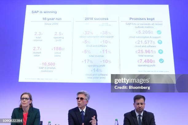 Bill McDermott, chief executive officer of SAP AG, center, speaks as he sits between Nicola Leske, chief communications officer of SAP SE, left, and...