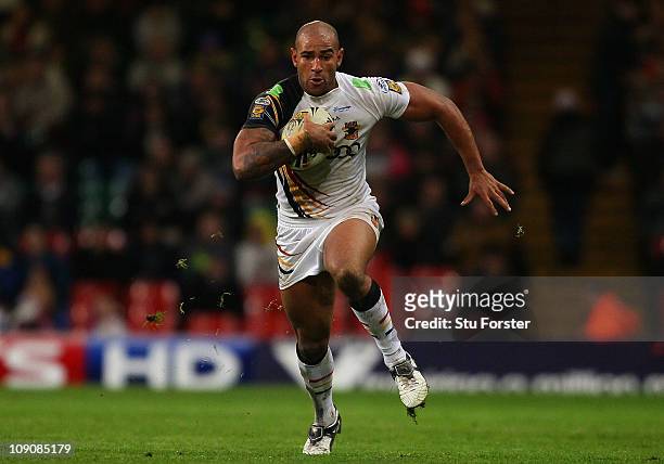 Bulls player Chev Walker in action during the Engage Super League Match between Bradford Bulls and Leeds Rhinos at Millennium Stadium on February 13,...