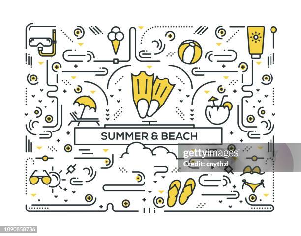 stockillustraties, clipart, cartoons en iconen met zomer en strand lijn pictogrammen patroon design - ball passen