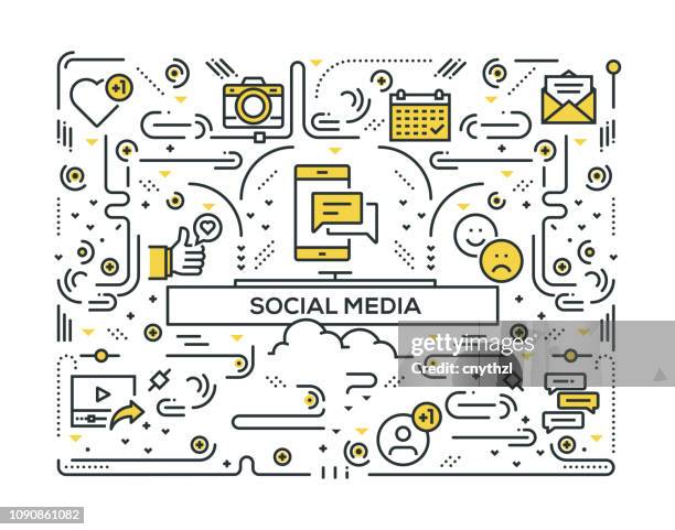 social media related line icons pattern design - sharing mobile data stock illustrations