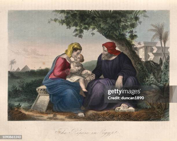 ilustrações, clipart, desenhos animados e ícones de josé, maria e o menino jesus, repouso no egipto - jose maria casado